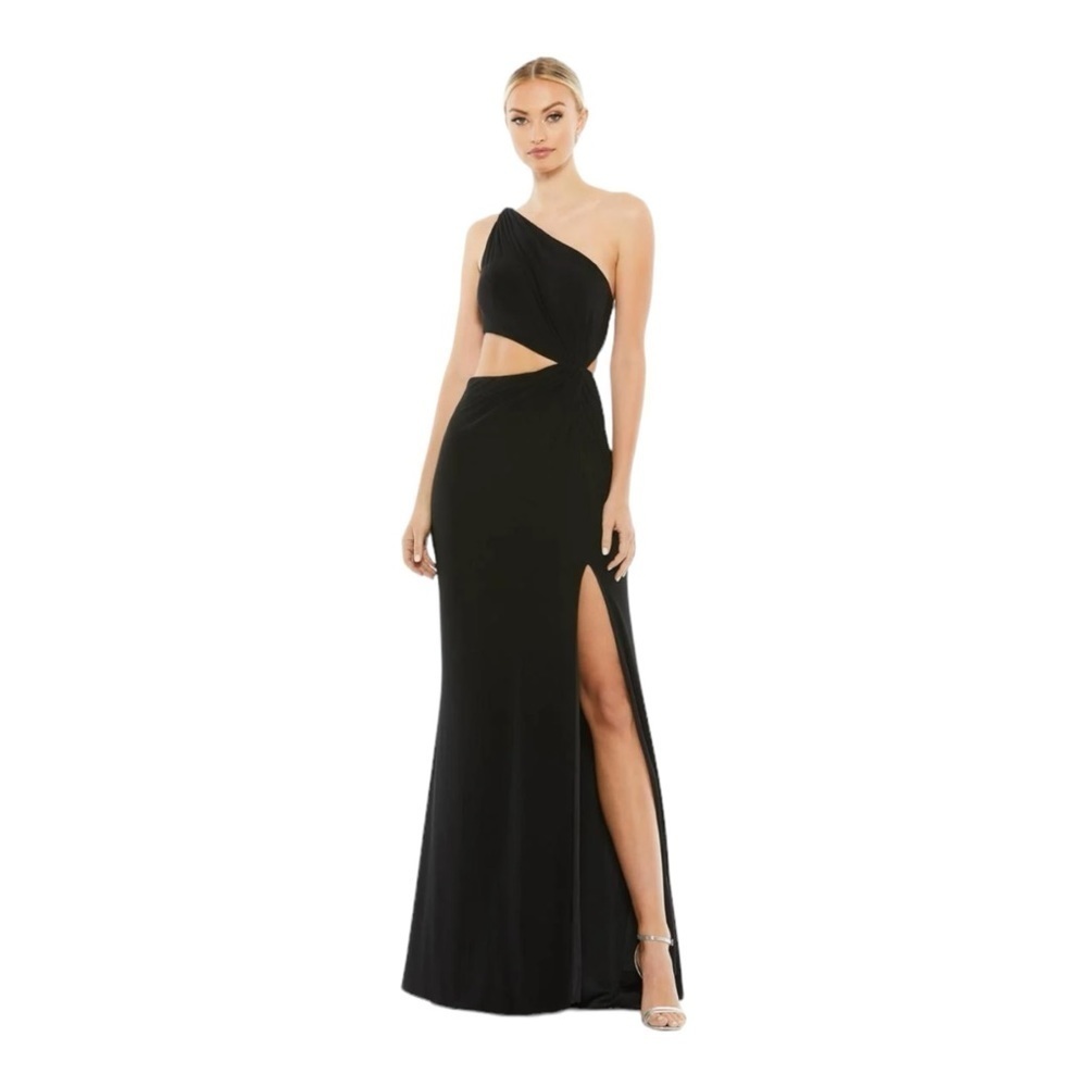 Ieena for Mac Duggal One Shoulder Ruched Cut Out Jersey Gown in Black Size 4 NWT